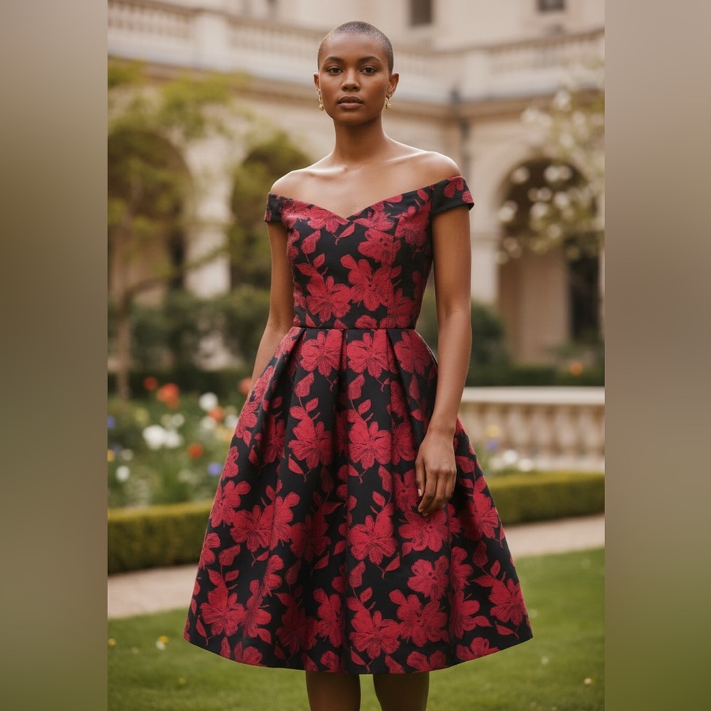 Elegant Black and Red Floral midi Dress